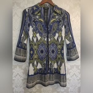 Alfani Women's Size 8 Pleated Button-Up Blouse Blue Lime Green Paisley Geometric